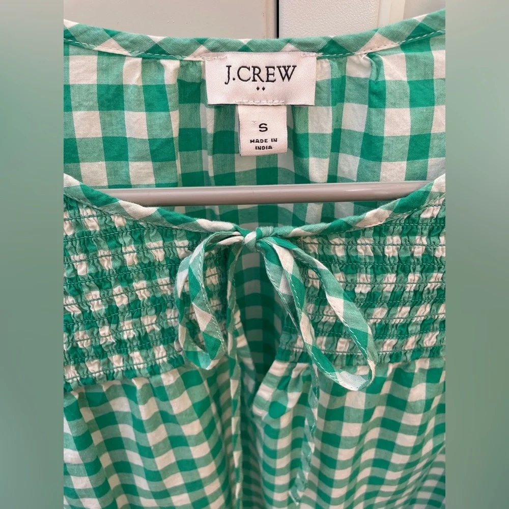 J. Crew green gingham white tie-neck smocked top small blouse preppy shirt